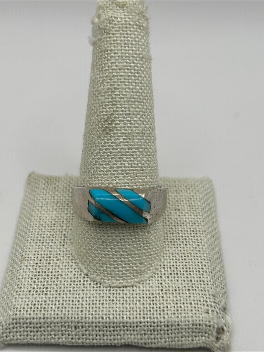 Unisex Vintage Taxco Mexico Sterling Silver Turquoise Channel Inlay Ring Size 11